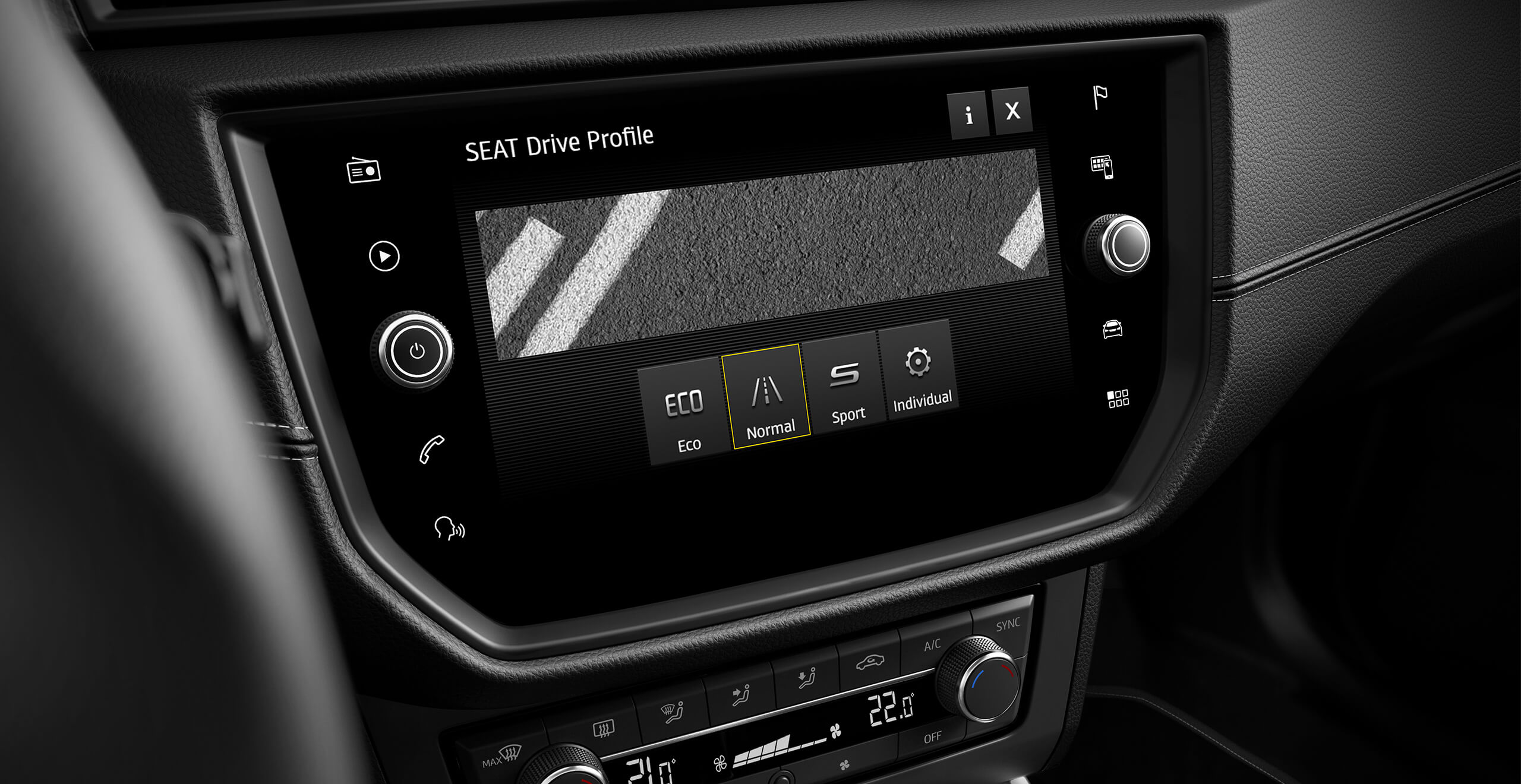 SEAT Drive Profile - SEAT Arona  Weergave van console met stijvere ophanging, sport, eco-opties