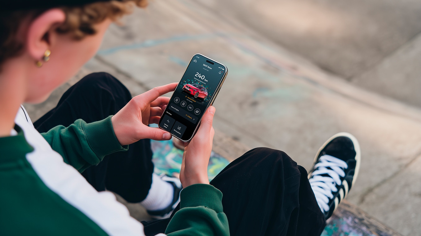 Persoon houdt zijn smartphone vast en gebruikt de afstandsfuncties van SEAT Persoon houdt zijn smartphone vast en gebruikt de afstandsfuncties van SEAT