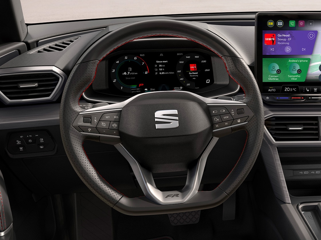 Le système Drive Profile affiché sur un écran tactile de 8 pouces dans la SEAT Leon, inclus dans le pack Dynamique et Confort, qui comprend la direction progressive.