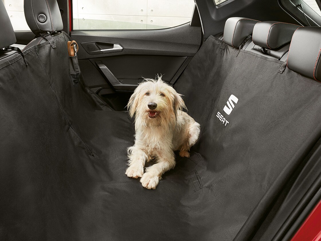 Chien assis confortablement sur une housse de protection de siège à l’intérieur de la seat leon.