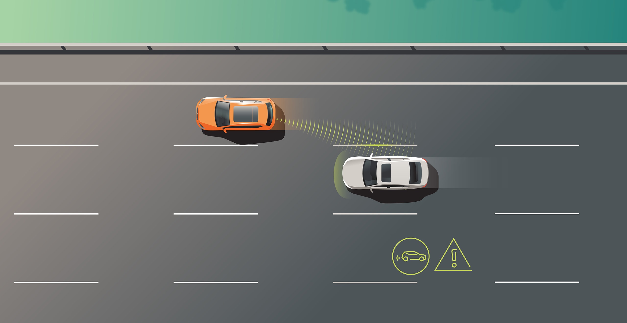 SEAT Leon Break – Grafische afbeelding van de Blind Spot Detection in bovenaanzicht op de weg