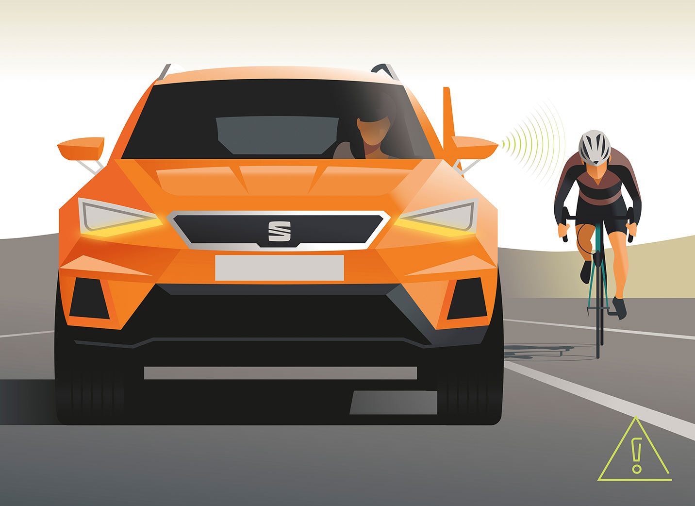 SEAT Leon Break – Grafische afbeelding van een auto met een fietser die de bestuurdersdeur nadert