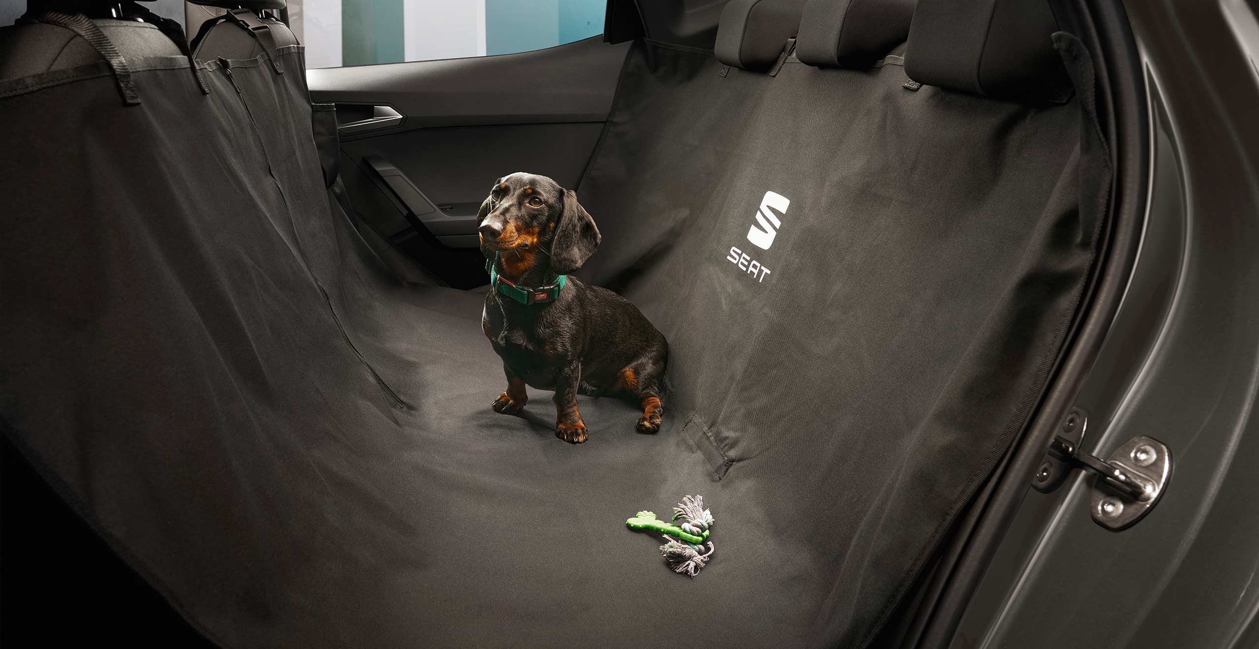 hond in een seat arona met een beschermende stoelbekleding